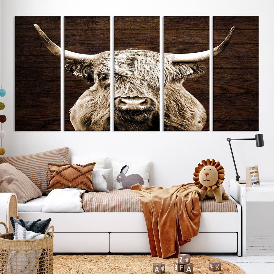 Highland Cow Wall Art Canvas Print, Rustic Farmhouse Decor, Majestic Scottish Highland Bull Portrait for Living Room – Ready to Hang