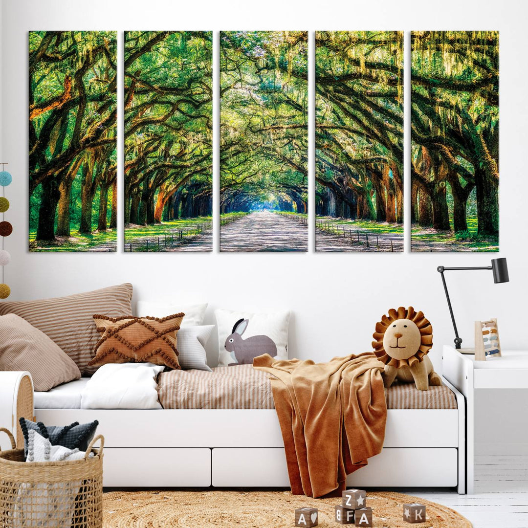 Serene Tree Tunnel Wall Art Canvas Print – Pathway Under Canopy of Lush Green Trees, Nature-Inspired Decor for Living Room – Ready to Hang