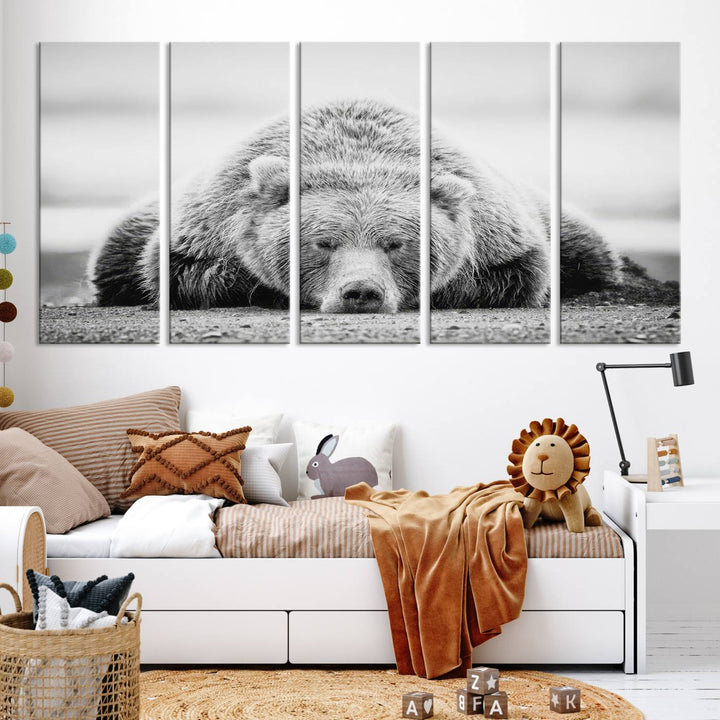 Resting Bear Wall Art Canvas Print – Majestic Lazy Black and White Wildlife Bear Art, Perfect for Nature-Inspired Home Decor – Ready to Hang