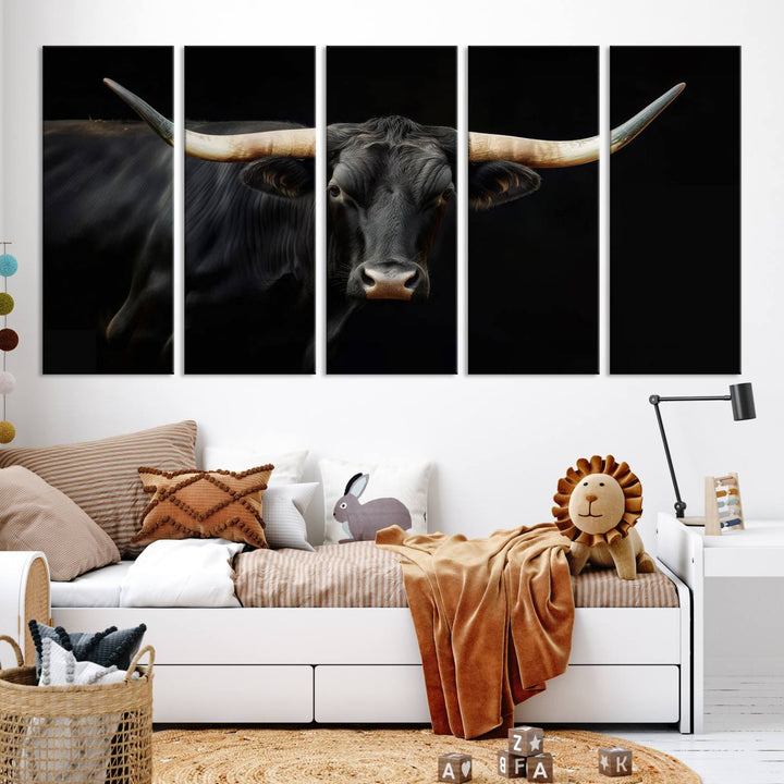 Texas Longhorn Cow | Majestic Black Bull Wall Art Canvas Print - Farmhouse Animal Decor - Ready to Hang