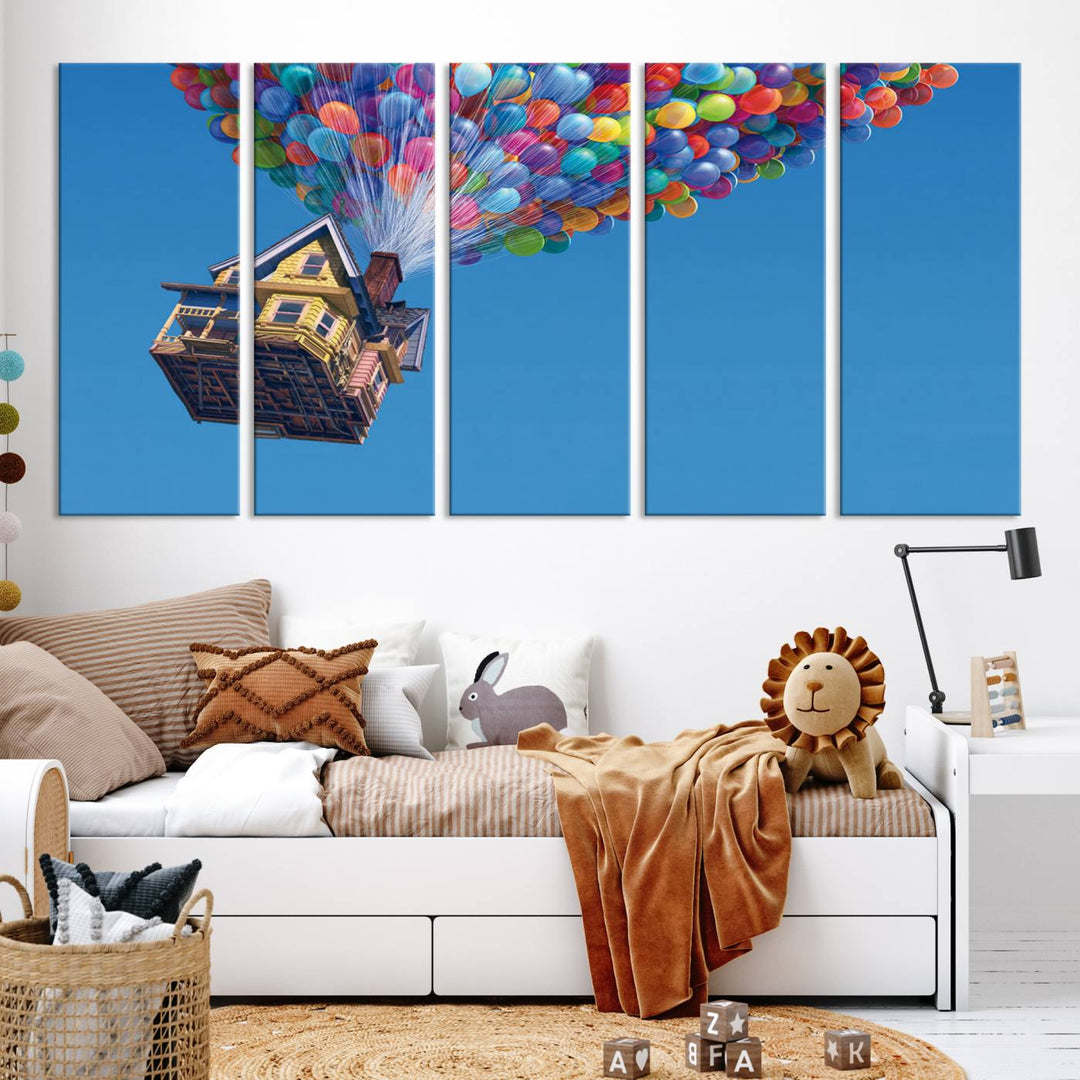 The "Carl Fredricksen, Up Movie Wall Art" features a three-panel design with a house lifted by colorful balloons, adding whimsical decor to any space.