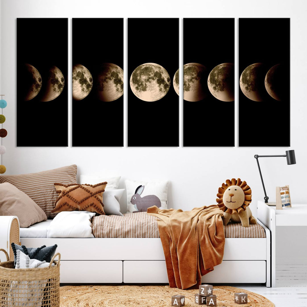 The "Phases of the Moon Wall Art" canvas print elegantly hangs on the wall.