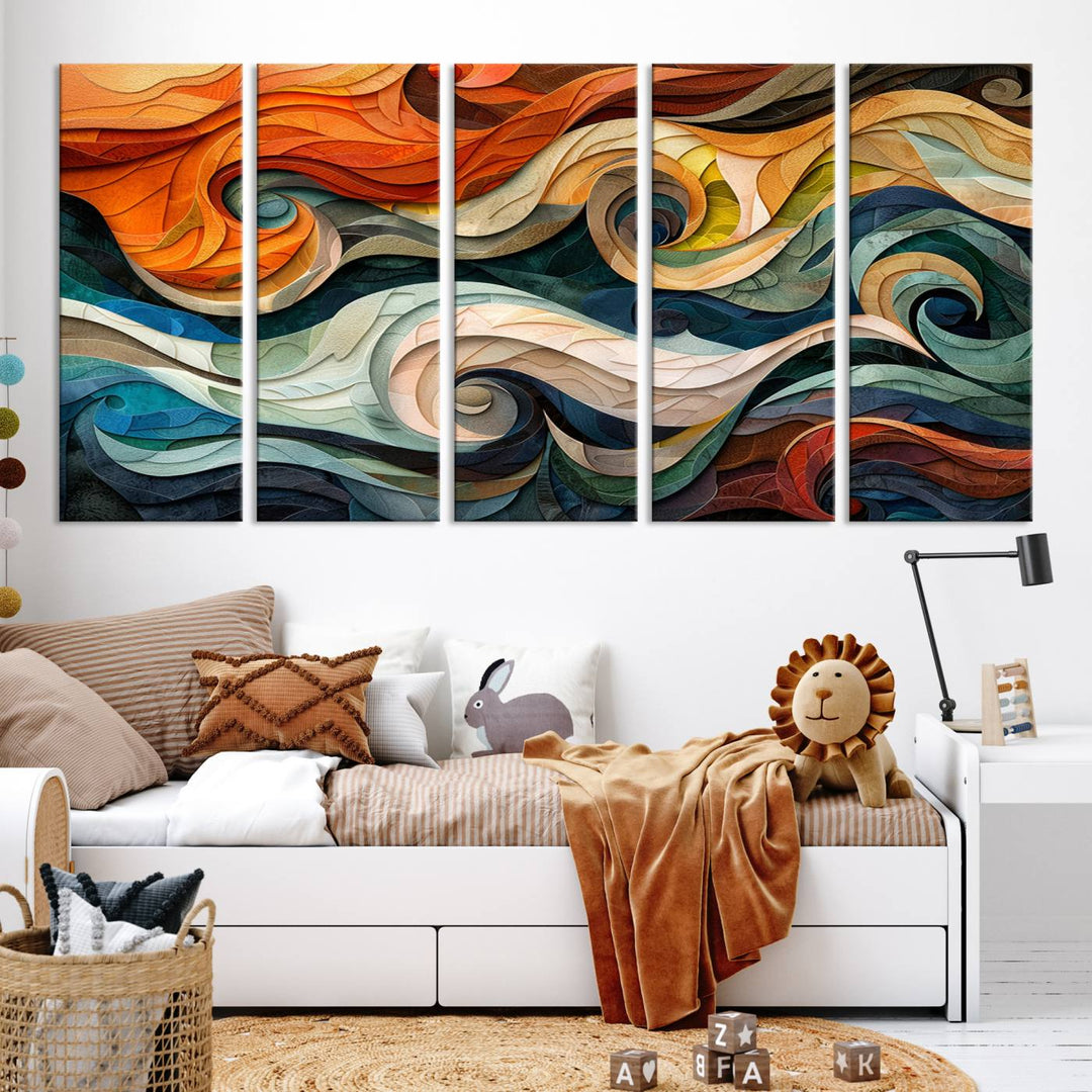 Abstract Wave Wall Art is a ready-to-hang framed canvas print featuring swirling orange, blue, and white patterns. It's perfect for adding vibrant decor to modern spaces.