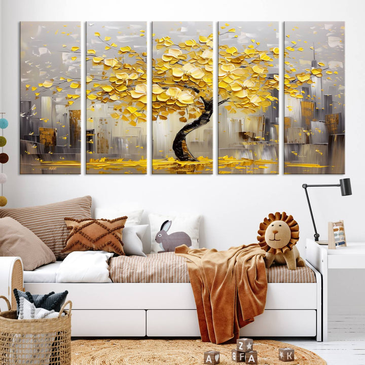 A framed canvas print from the "Golden Tree Canvas Print | Abstract Wall Art for Modern Homes | Ready to Hang Framed Artwork" collection hangs elegantly against the dark wall, epitomizing exquisite abstract wall art.