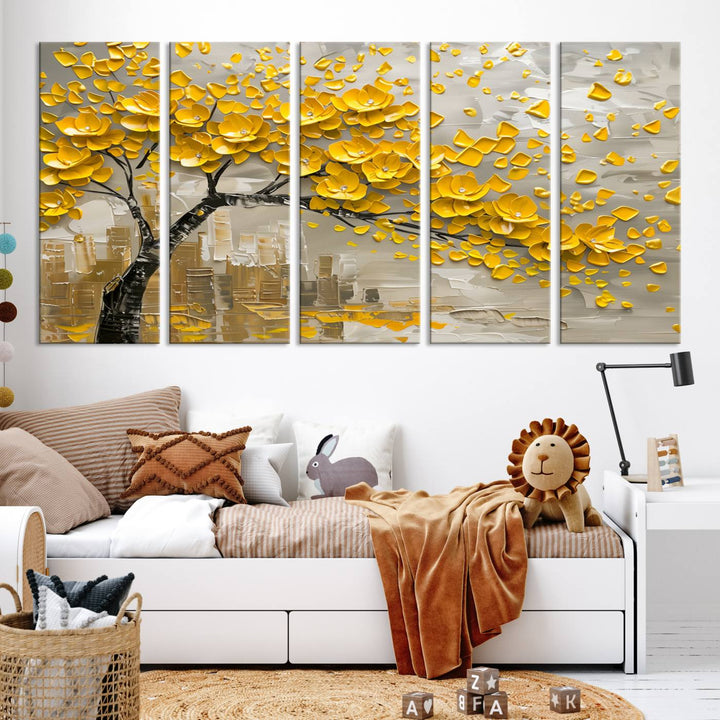 Yellow Blossom Tree Canvas Wall Art, featuring a floral abstract modern design, is elegantly displayed against a dark wall. This sophisticated piece enhances the contemporary aesthetic of the space.