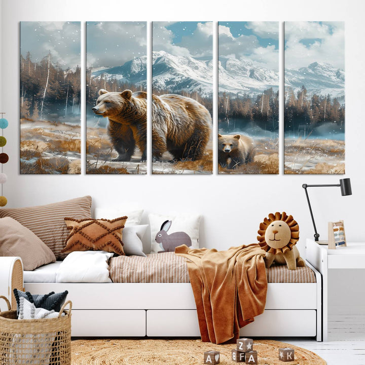 The modern living room features a Bear and Baby Bear Wall Art Canvas Print depicting a snowy mountain landscape, making it a stunning visual piece and a meaningful gift idea.