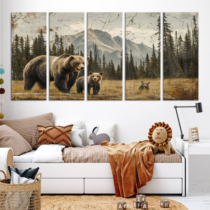 Displaying the Rustic Grizzly 399 Bear Family Wall Art Canvas Print in a modern living space adds remarkable charm. This triptych piece showcases a bear family in the forest, printed on museum-quality canvas and ready to hang, seamlessly enhancing your decor with its striking detail and elegance.