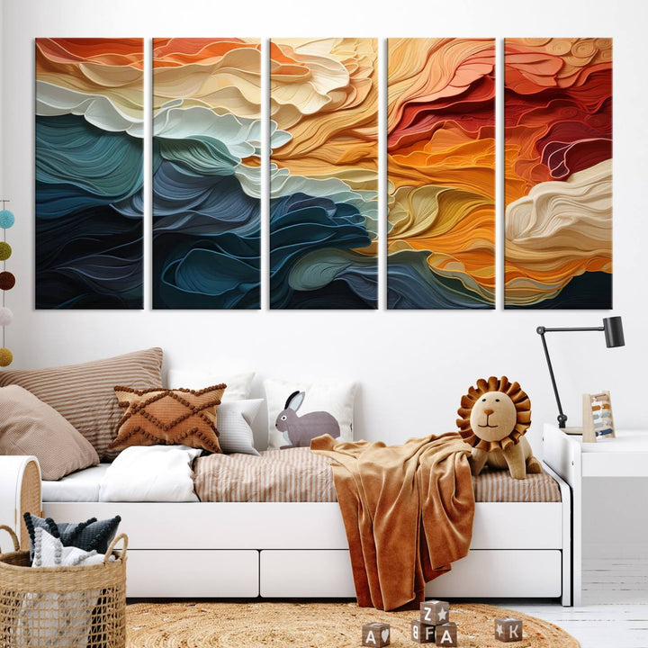 A Blue Orange Abstract Wave Wall Art Canvas Print adorns the wall. This colorful masterpiece is professionally hand-assembled to enhance any space.