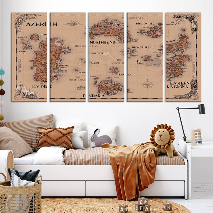 The Vintage Azeroth World Map Canvas Print, a stunning three-piece set, enhances the space with its vintage charm, perfectly complementing your gaming decor.