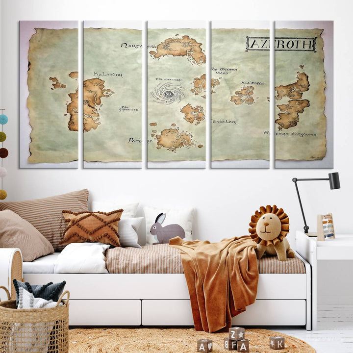 The Azeroth World Map Wall Art Canvas Print, a three-panel vintage piece, brings a cozy fantasy gaming atmosphere to the room.