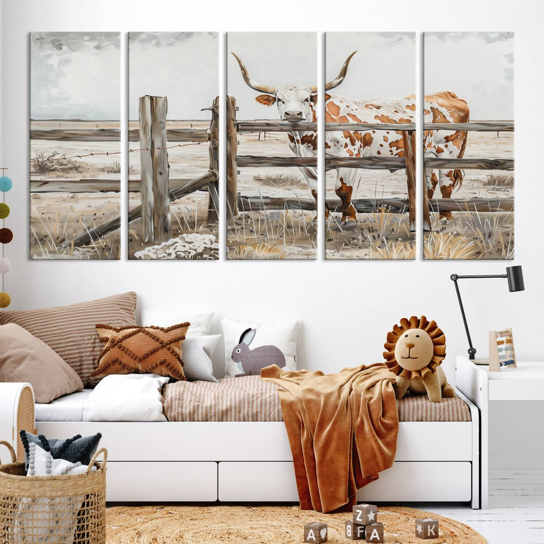 The Abstract Longhorn Cow Wall Art, a ready-to-hang framed canvas print, adds rustic charm and perfectly captures the essence of rural elegance.