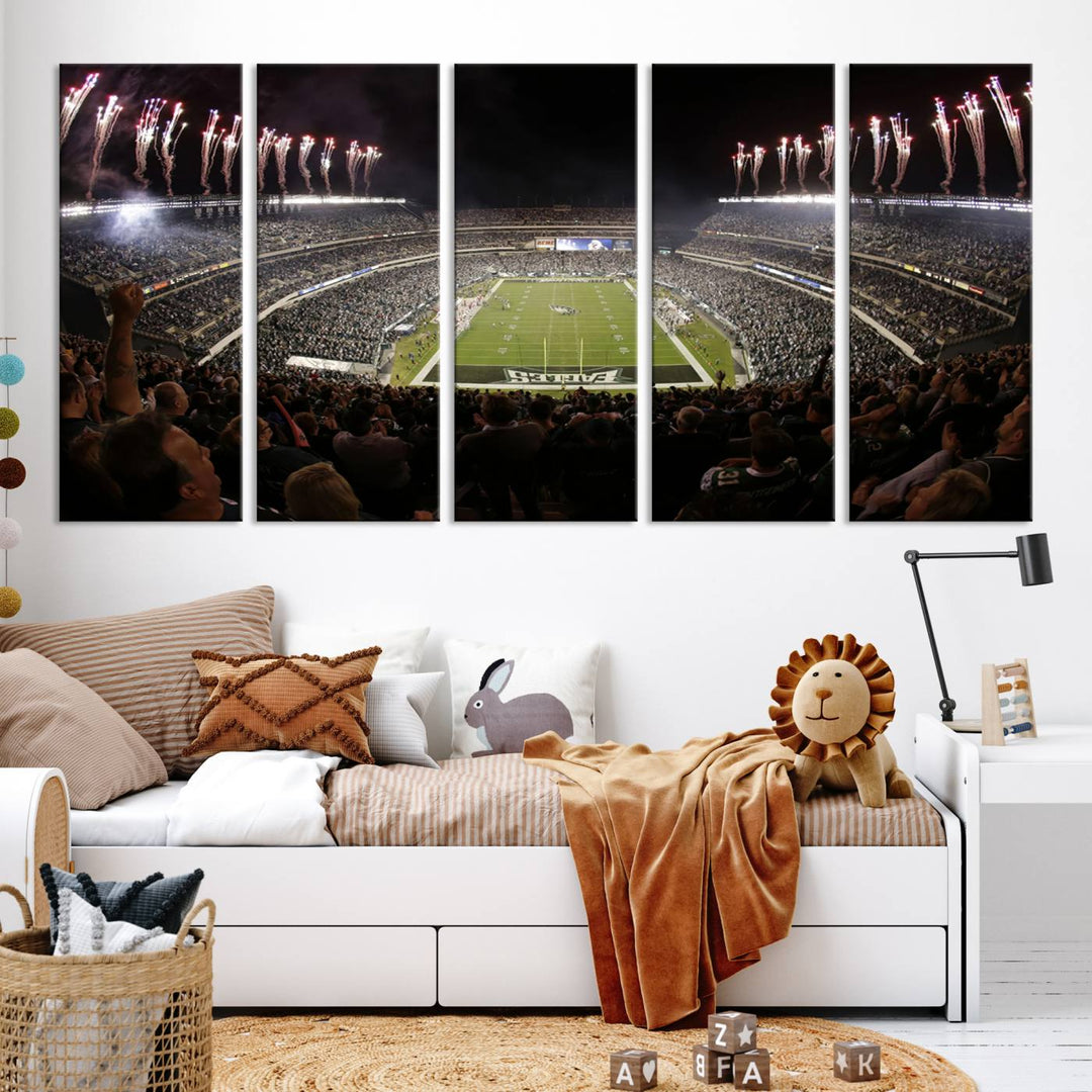 The living room features a spectacular Philadelphia Eagles Football Team Print. This wall art canvas print of Lincoln Financial Field at night captures a Philadelphia Eagles game under the dazzling brilliance of fireworks, making it an eye-catching centerpiece.