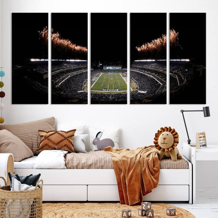 A stunning triptych wall art featuring the Philadelphia Eagles Football Team Print, capturing Lincoln Financial Field with spectacular fireworks.