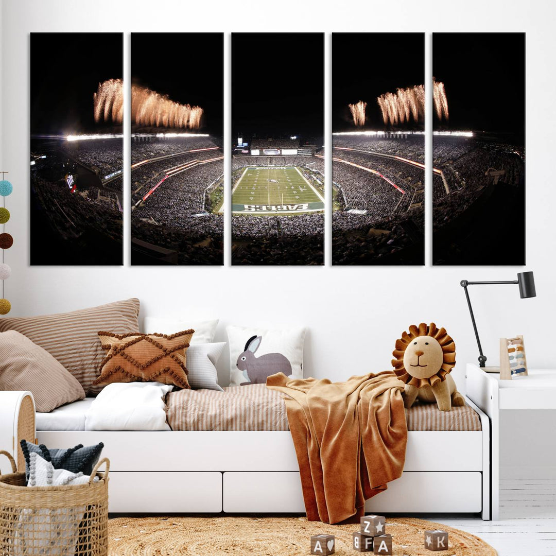 Experience the breathtaking Lincoln Financial Field Fireworks Game captured in this triple canvas wall art. A must-have for any Philadelphia Eagles fan!