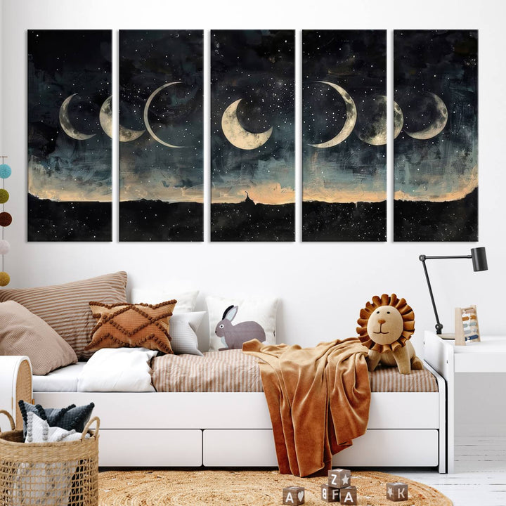 The "Phases of the Moon Wall Art," a framed canvas series capturing the celestial beauty of lunar cycles against a starry night, adds an elegant touch to the contemporary dining room.