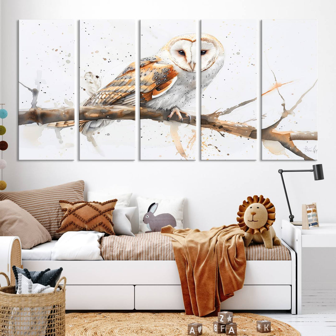 Introduce the tranquility of nature into your home with this stunning canvas print, featuring a Barn Owl on a branch. This triptych wall art, ready to hang and elegantly framed, is perfect for nature lovers seeking serene decor pieces.