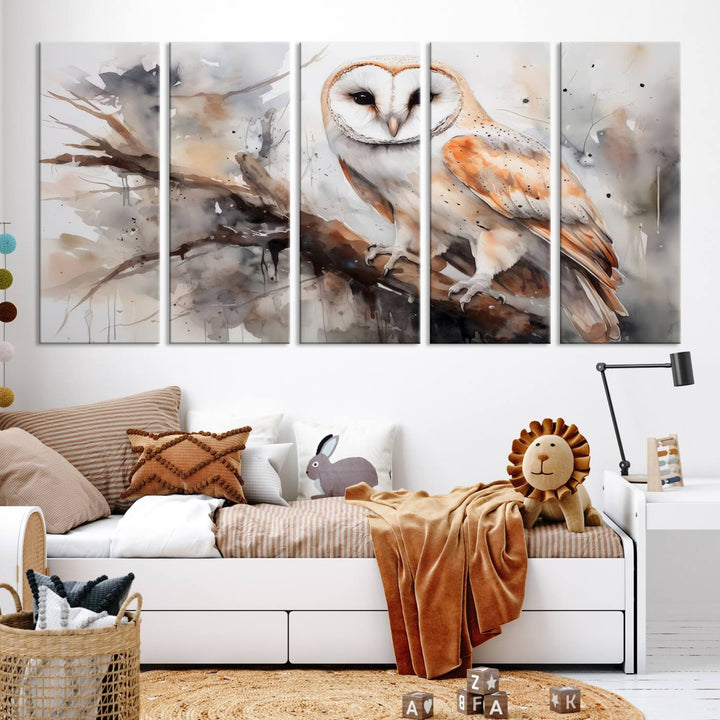 The Barn Owl Wall Art, a watercolor canvas print, elegantly adorns the wall in a modern living room, seamlessly merging farmhouse wall decor with contemporary style.