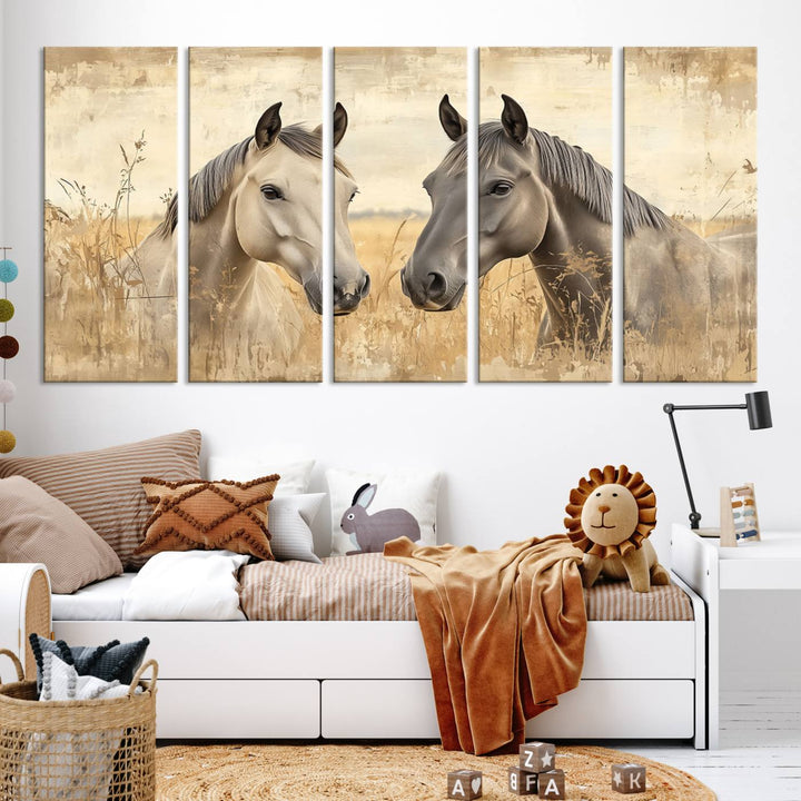 The "Chinese Ink Style Grunge Horses Wall Art Canvas Print," featuring two horses in a field, hangs prominently, highlighting its museum-quality canvas and high-resolution printing.