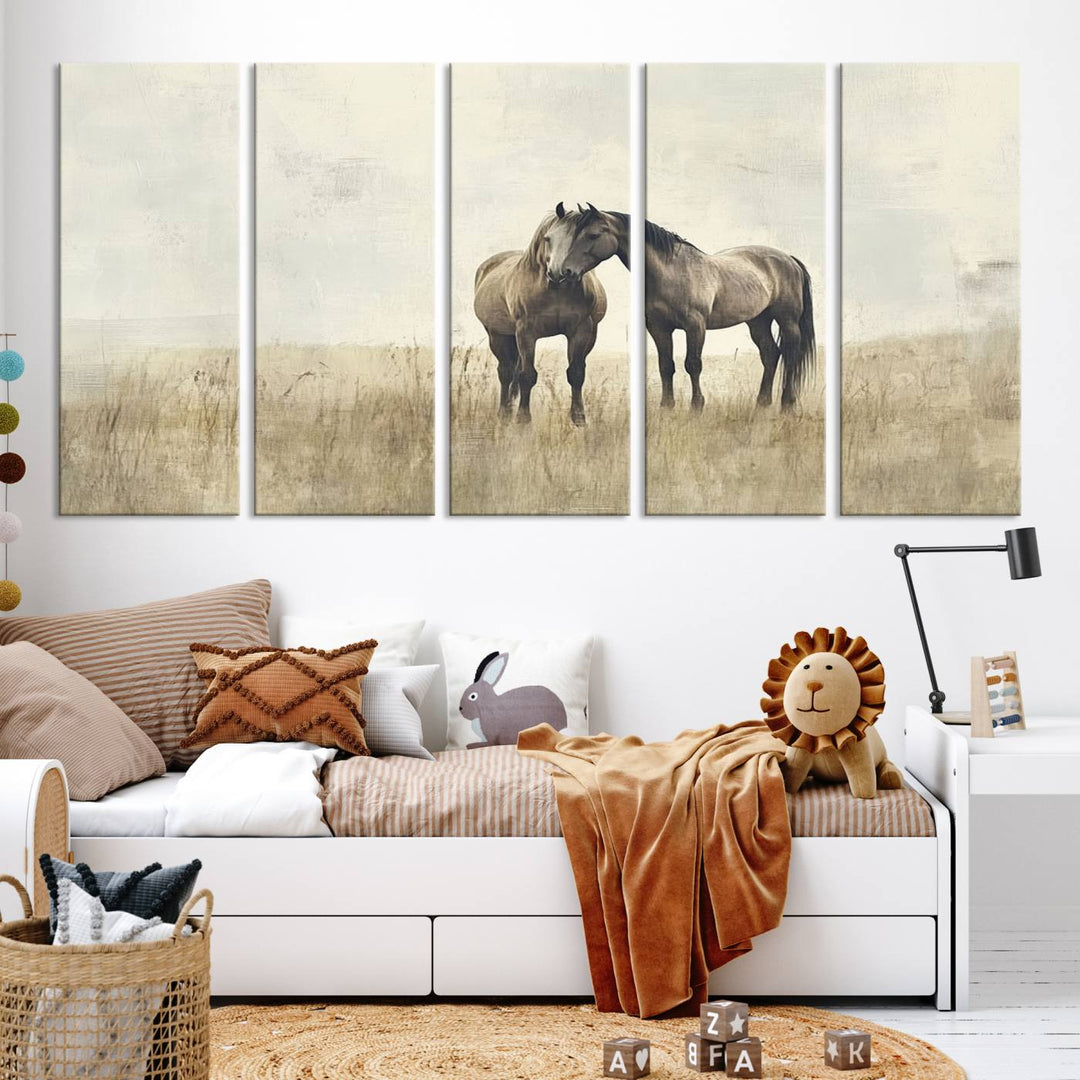 The Chinese Style Grunge Horses Wall Art Canvas Print, featuring a three-panel design of two horses in a misty field, is crafted on museum-quality canvas using high-resolution printing and hangs elegantly.