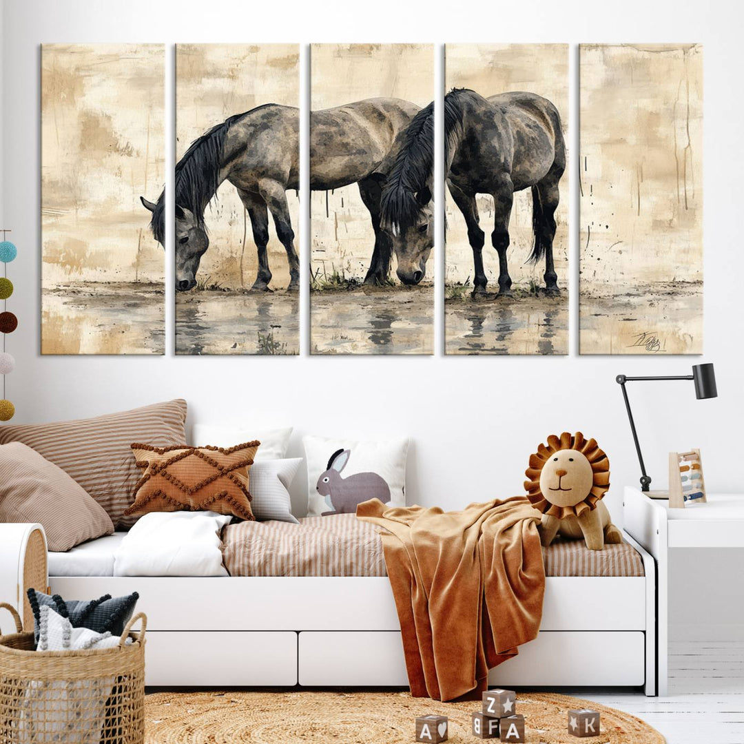 Chines Ink Style Black Horses Wall Art Canvas Print features a triptych painting of two horses drinking at the water's edge.