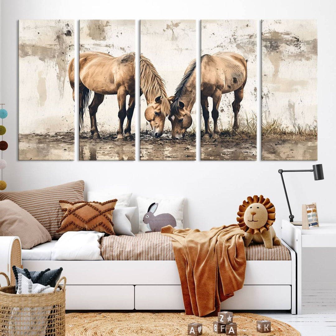 The Vintage Horses Wall Art, a ready-to-hang and framed triptych, beautifully captures two horses gracefully grazing. It perfectly complements the rustic charm of western farmhouse wall decor.