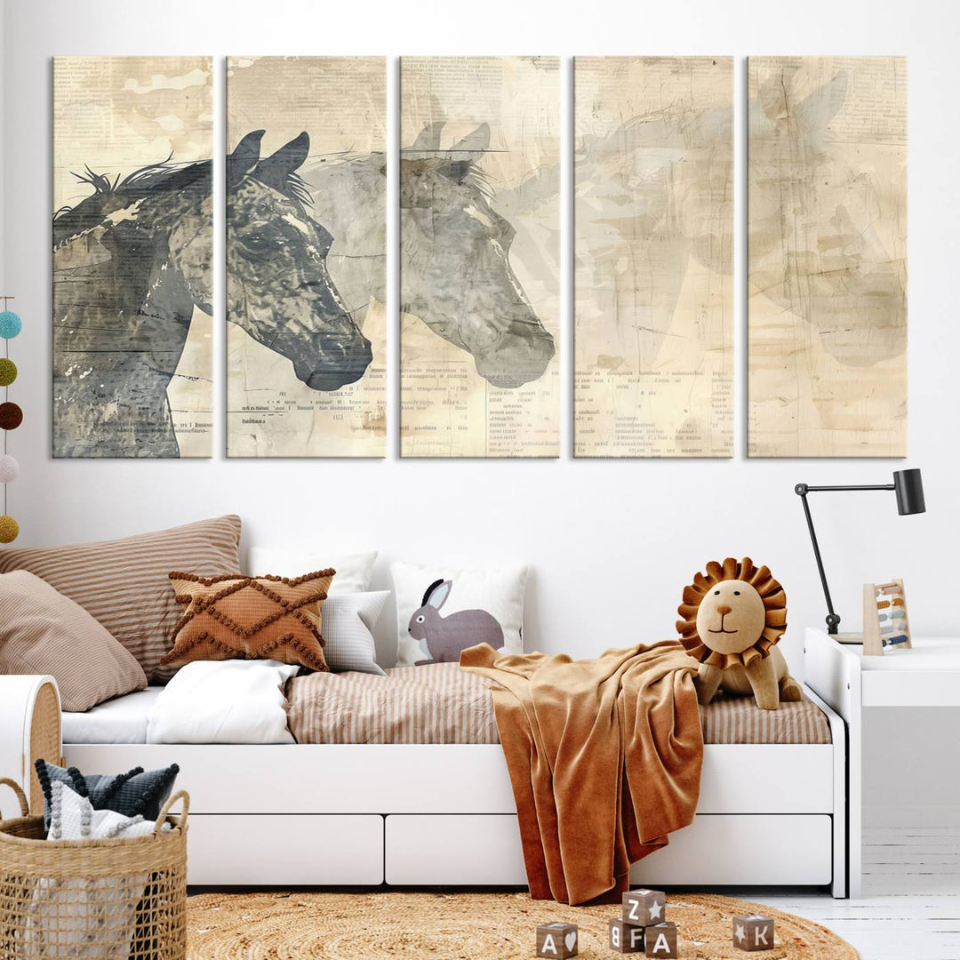 The Abstract Horse Canvas Print, part of the Modern Farmhouse Wall Art collection and ready to hang with its framed design, enhances the decor when displayed as a three-panel set on a dark wall.