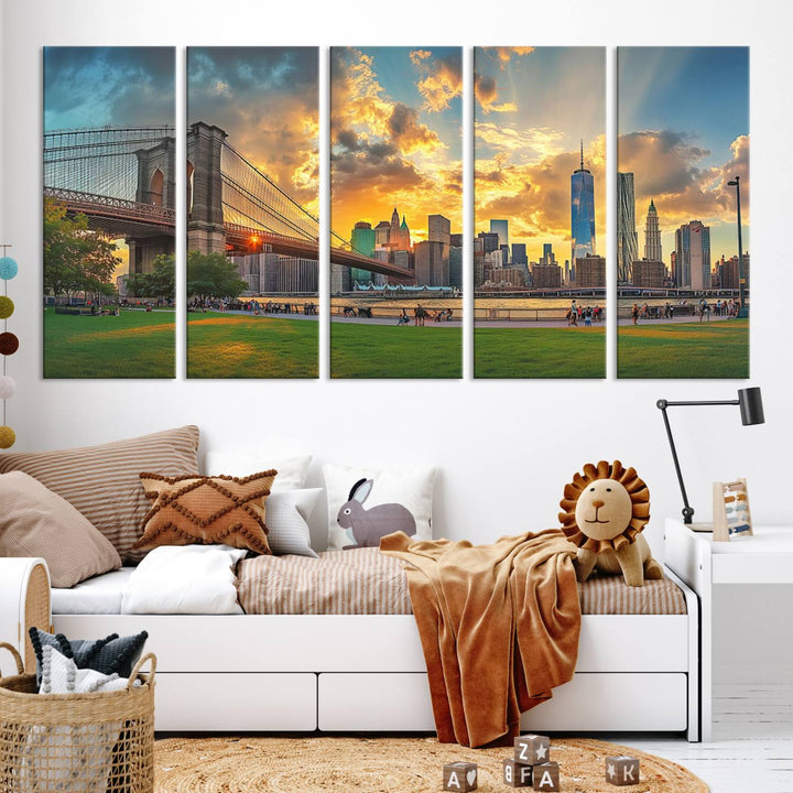 The "Brooklyn Bridge New York Skyline Wall Art" is a ready-to-hang framed canvas print that beautifully captures the cityscape at sunset, showcasing the iconic Brooklyn Bridge and majestic skyscrapers.