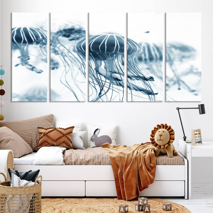 The Abstract Jellyfish Wall Art Canvas Print, a three-panel piece featuring high-resolution printing, hangs elegantly in the room, adding vibrant detail to the space.