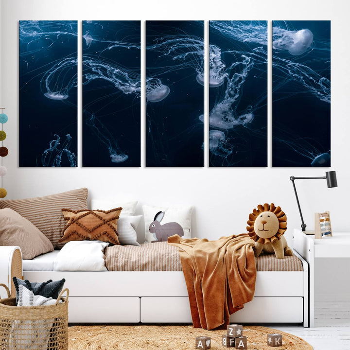 Room with modern decor, featuring the Abstract Jellyfish in Ocean Wall Art Canvas Print on museum-quality canvas.