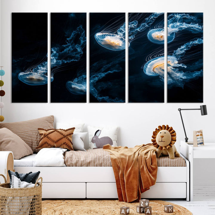 The "Jellyfish Wall Art Canvas Print," featuring a sea-themed design of glowing jellyfish, is displayed in high-resolution on museum-quality canvas.