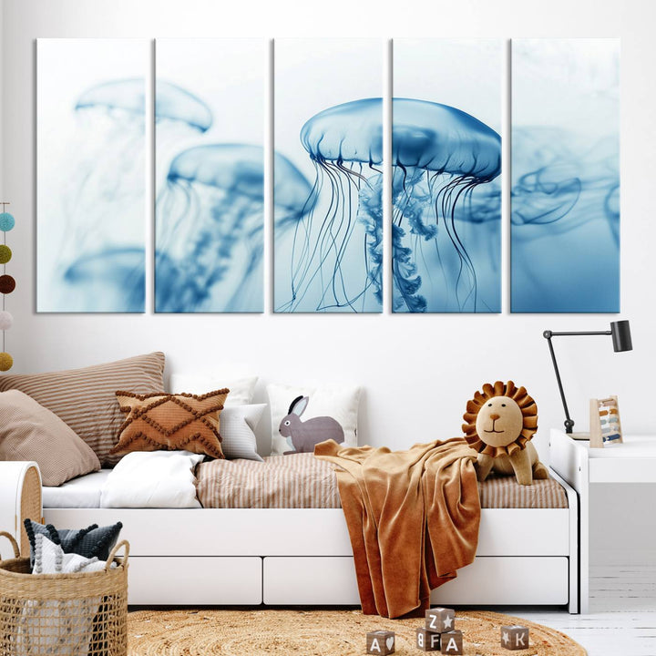 A breathtaking triptych of the Blue Jellyfish Wall Art Canvas Print decorates the space, beautifully highlighted by an overhead lamp. Each canvas is created on museum-quality material using high-resolution printing and includes a UV-protective coating to ensure long-lasting vibrancy.