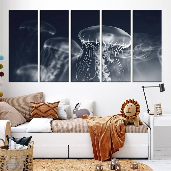 A stunning Jellyfish Wall Art Canvas Print showcases museum-quality canvas through high-resolution printing.