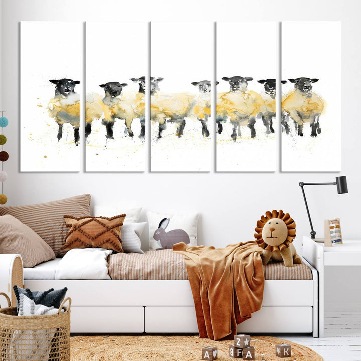 The Farmhouse Wall Art Sheep Print, ready to hang as a framed canvas, adorns the black wall, adding a hint of rustic barn decor.