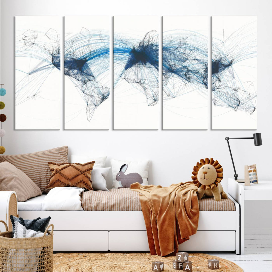 The Aviation Flight Map Wall Art is a set of three abstract panels featuring a world map with blue lines, resembling a flight map. Ideal for aviation enthusiasts, this ready-to-hang framed air traffic art print enhances the appeal of modern decor.