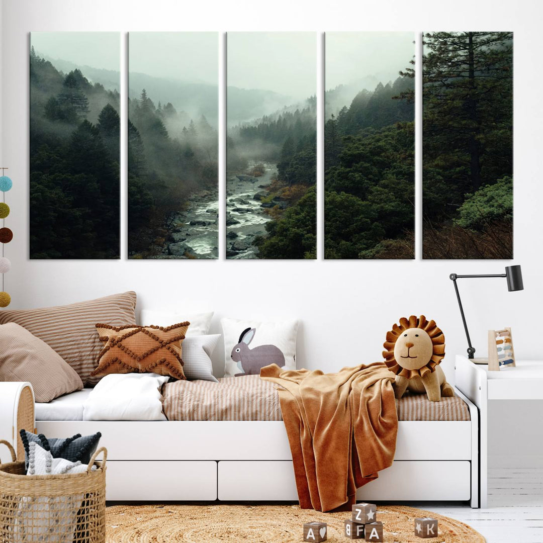 Misty Forest Wall Art | Ready to Hang and Framed | Tranquil Nature Landscape for Living Room or Cabin Wall Decor