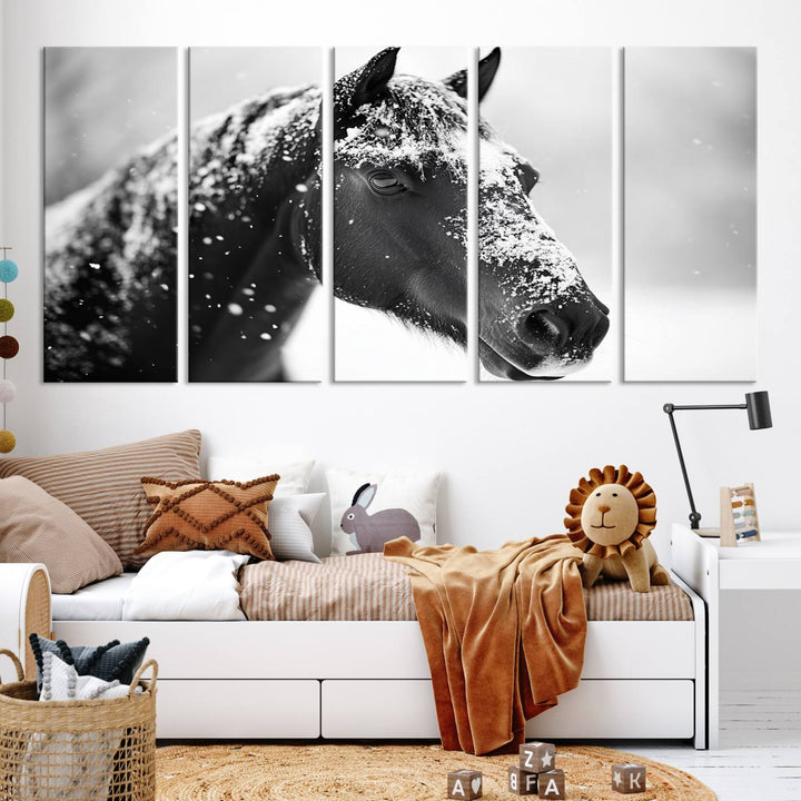 A set of Winter Horse Snow Wall Art Canvas Prints hangs, creating the perfect touch of Rustic Cabin Decor.