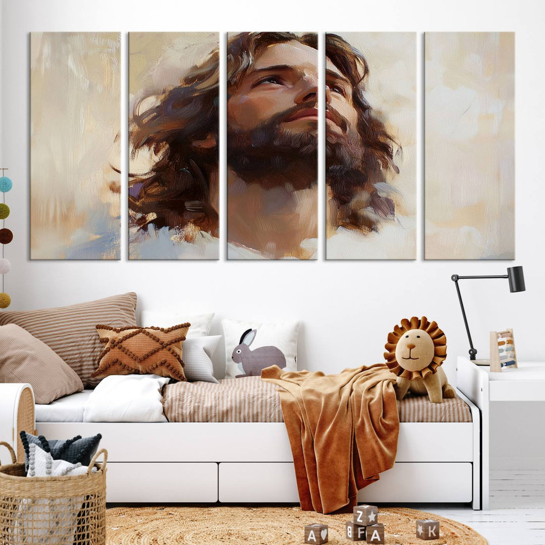 The "Jesus Christ Portrait Wall Art," a ready-to-hang and framed canvas print, features a bearded man with long hair looking upward, creating an inspirational spiritual atmosphere.