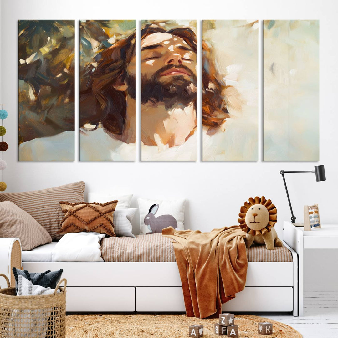 The Jesus Portrait Wall Art Canvas Print features a depiction of Jesus Christ with closed eyes, basking in sunlight. His expression exudes a peaceful, spiritual atmosphere against a blurred background.