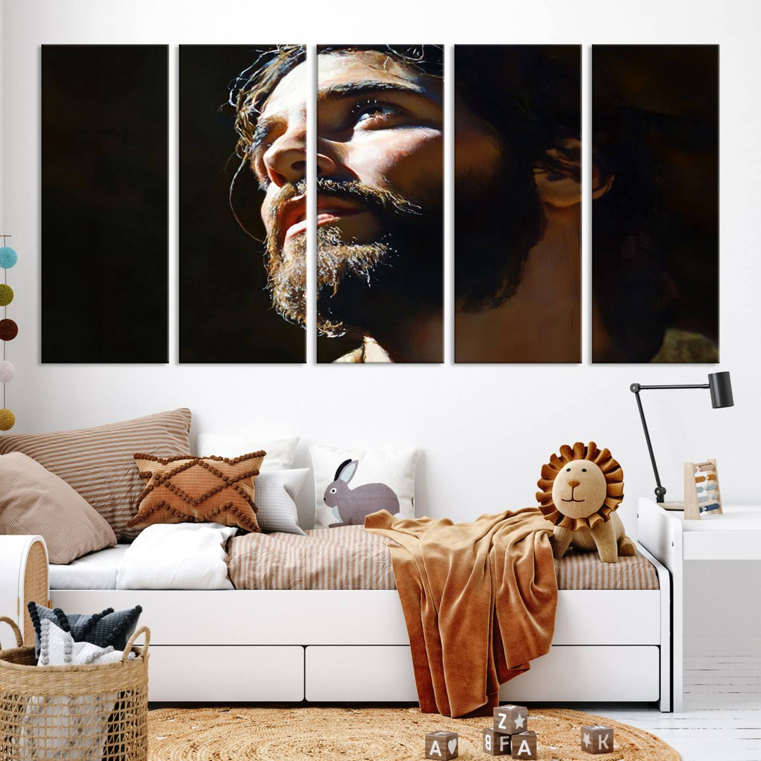 The Jesus Portrait Wall Art Canvas Print features a thoughtful depiction of Jesus Christ in an oil painting style, adding an inspirational religious touch to the decor.