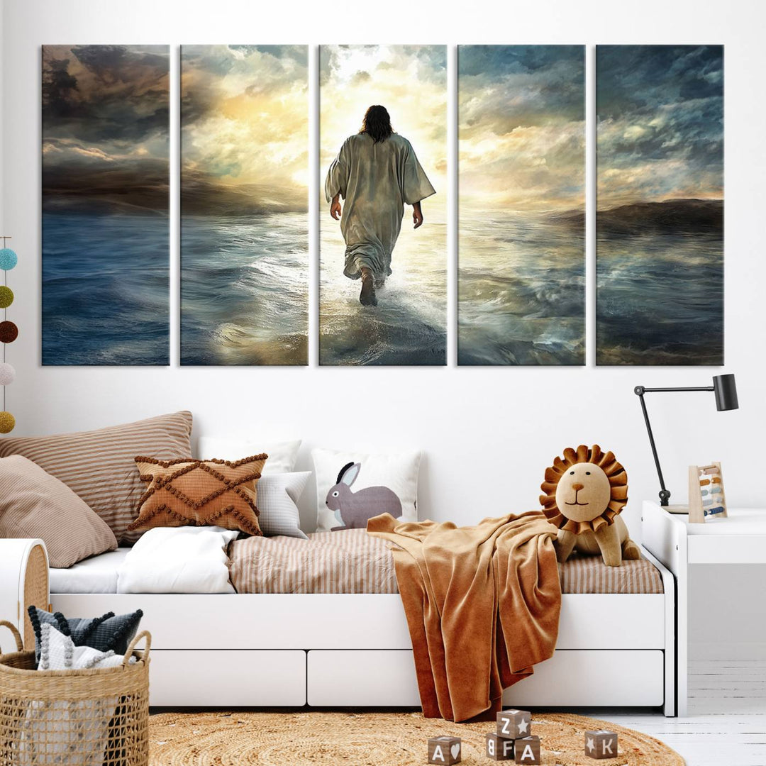 The Jesus Walking on Water Wall Art, a captivating triptych canvas print, showcases a person walking on water beneath dramatic clouds. This ready-to-hang piece seamlessly combines faith and style for your Christian home decor.