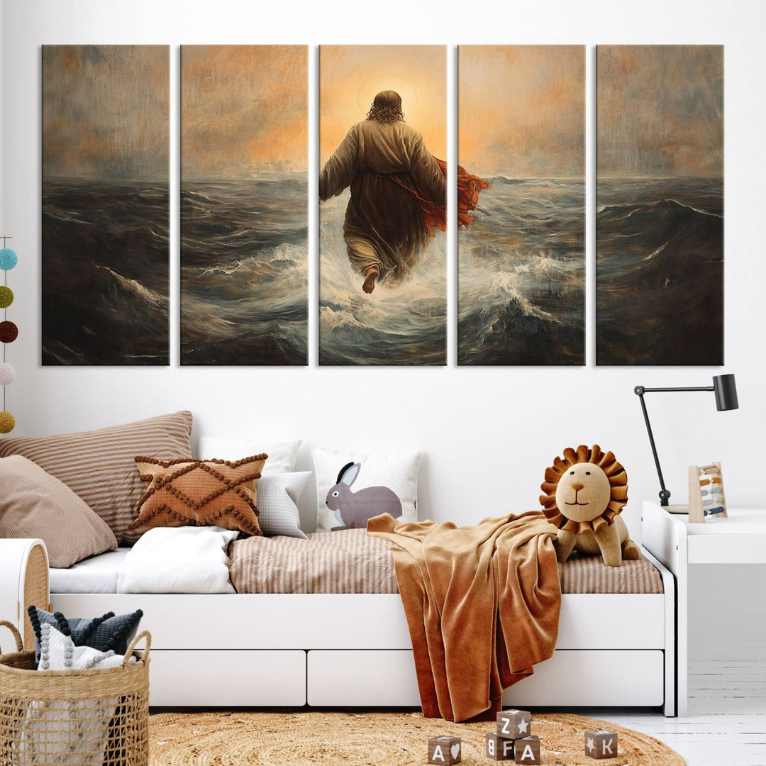 A modern living room is adorned with a triptych titled "Jesus Walking on Water, Christian Wall Art, Jesus Christ Walking on Oil Painting Style Print." The artwork, presented on museum-quality canvas, showcases vibrant colors and exquisite detail.