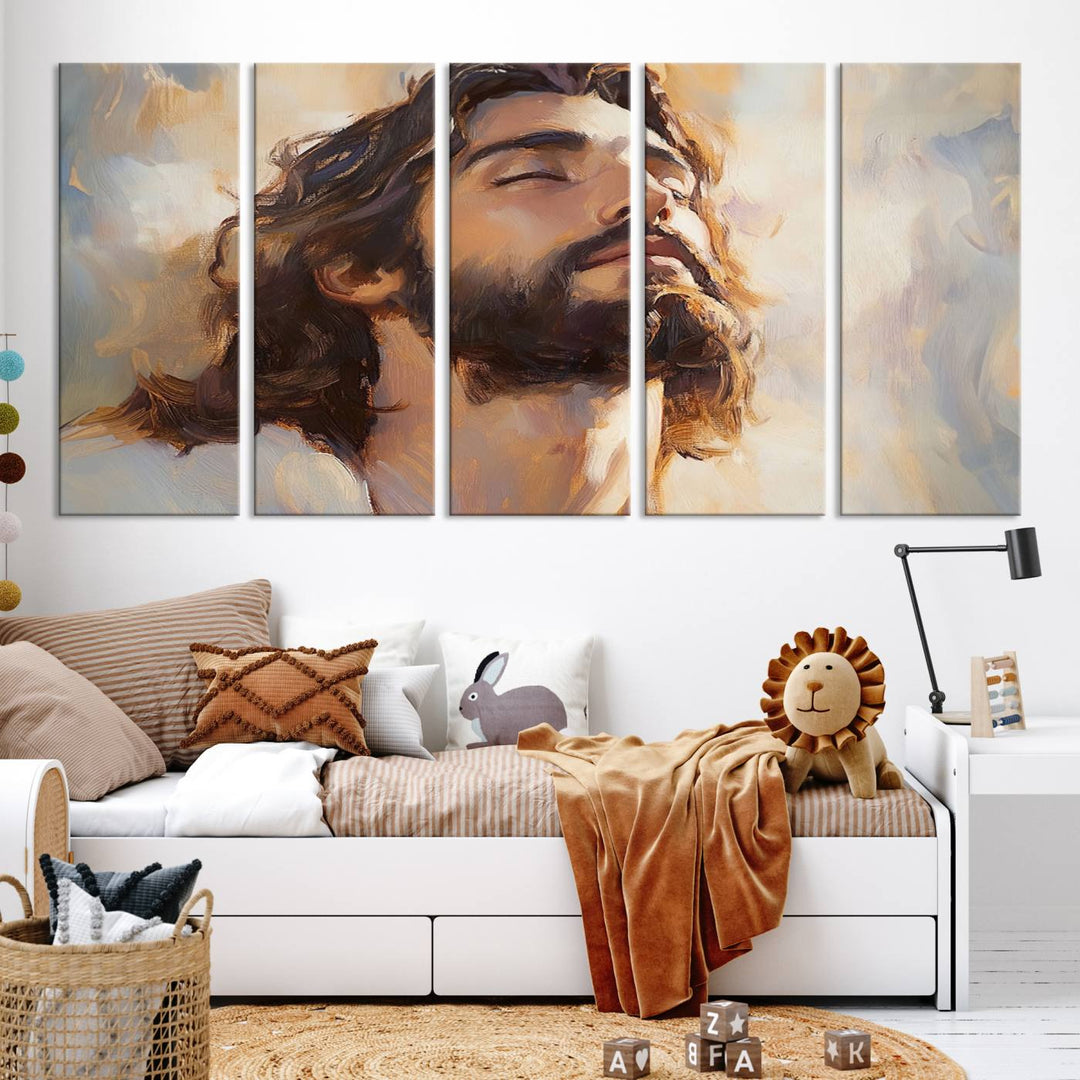 This museum-quality canvas print, titled "Jesus Portrait," features an oil painting style depiction of Jesus Christ with a closed-eyed expression. The high-resolution printing captures every detail beautifully.