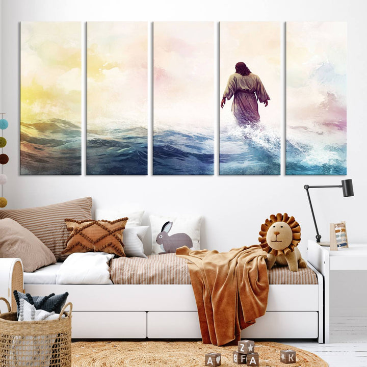 Watercolor Jesus Walking on Water Canvas Print, Christian Wall Art, Jesus Christ Walking