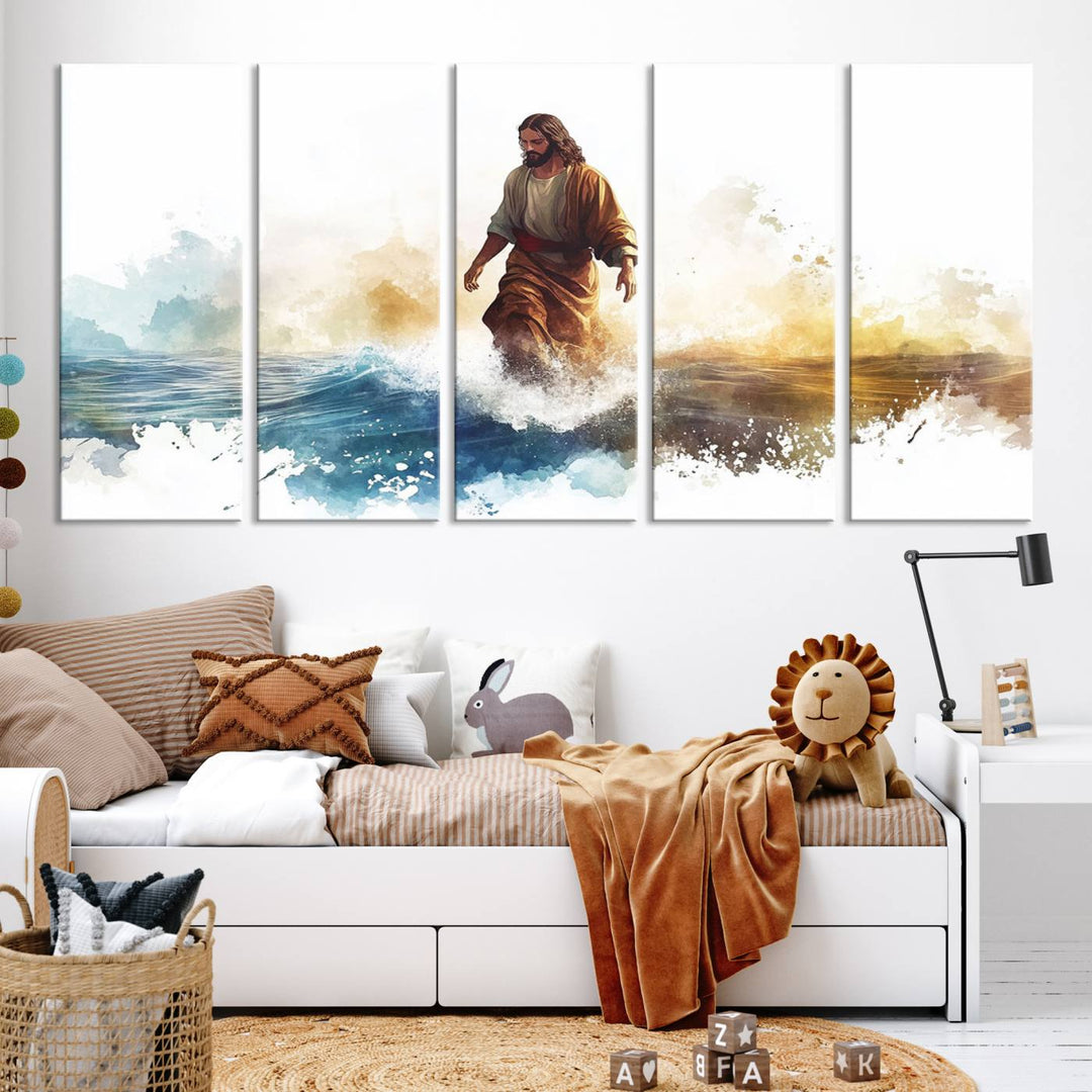 Watercolor Jesus Walking on Water Canvas Print, Christian Wall Art, Jesus Christ Walking