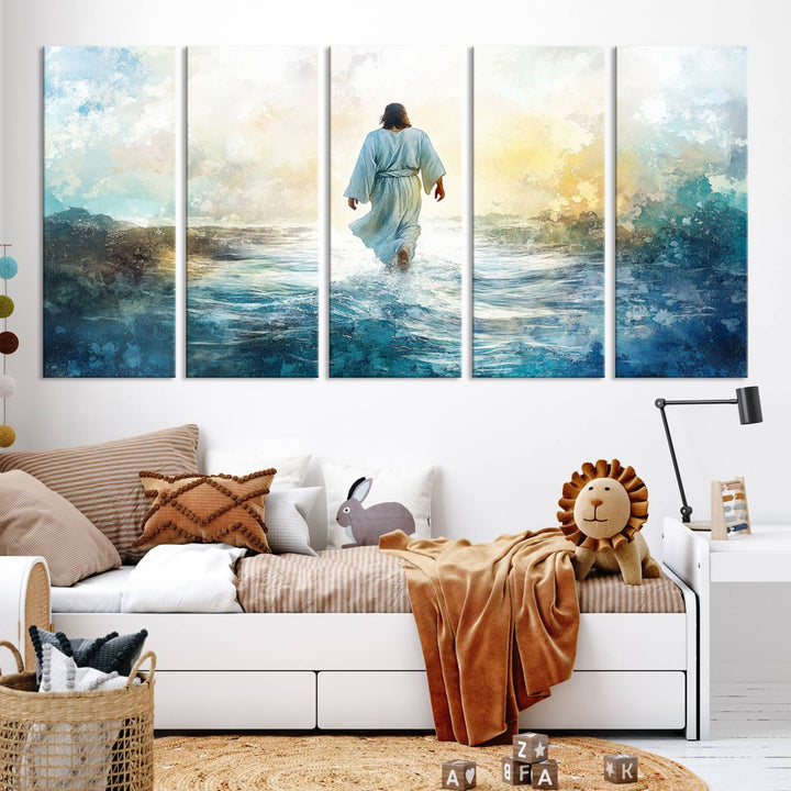 Watercolor Jesus Walking on Water Canvas Print, Christian Wall Art, Jesus Christ Walking