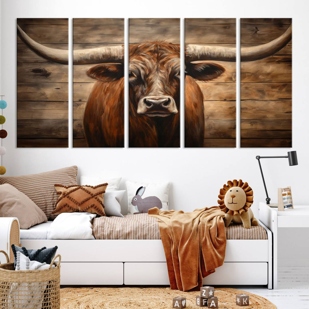 The Longhorn Bull Wall Art, a ready-to-hang canvas print, showcases an image of a brown longhorn cow set against a wooden background, perfect for those looking to enhance their space with rustic farmhouse and western barn decor.