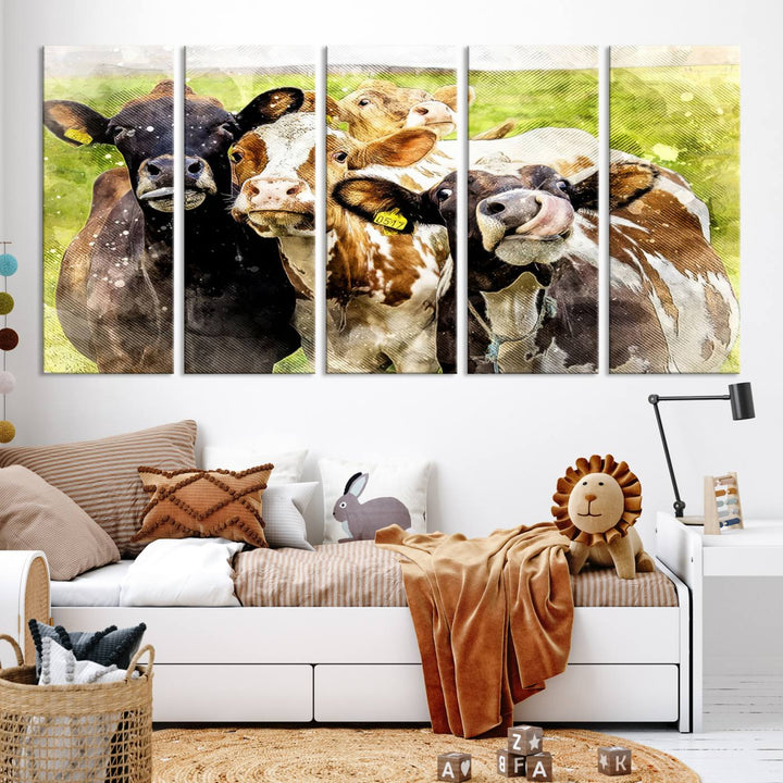 A charming triptych featuring the "Curious Cows Farmhouse Wall Art," a ready-to-hang and framed canvas print, adds a touch of rustic farm decor to the space.