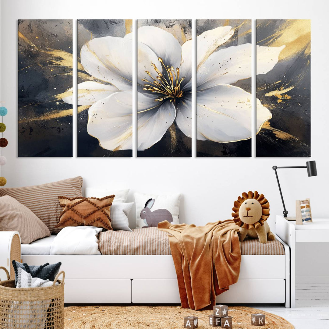 White Flower Wall Art | Canvas Print | Ready to Hang | Abstract Floral Wall Decor | Elegant Bloom Artwork | Framed for Living Room or Bedroom