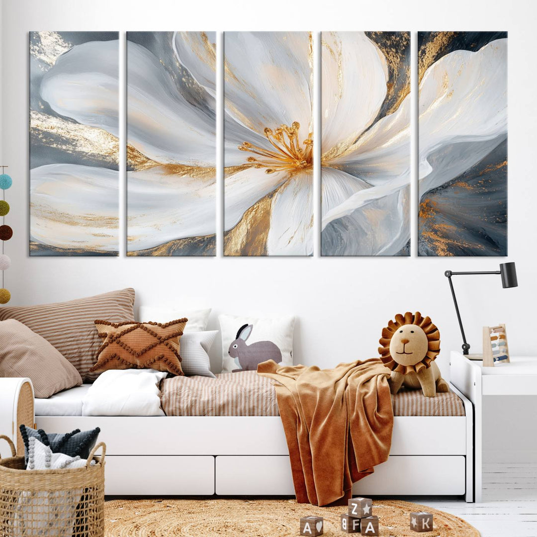 White and Gold Floral Canvas Wall Art - Framed and Ready to Hang - Perfect for Modern Living Rooms