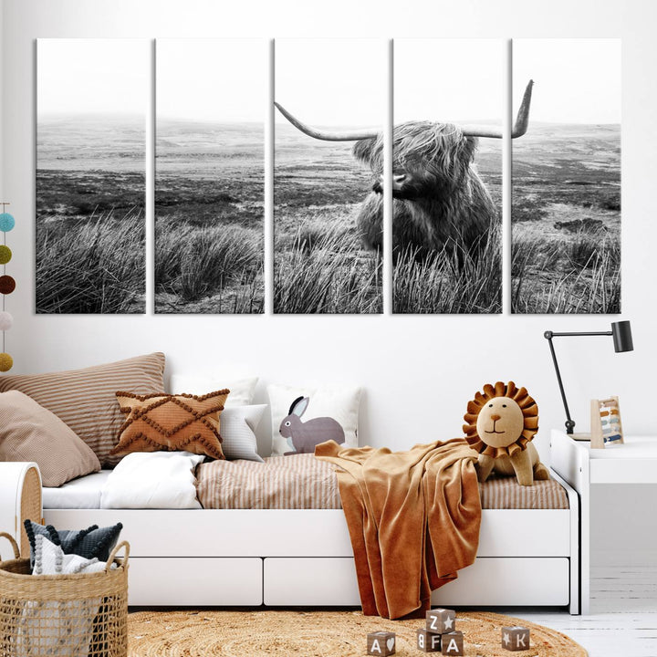 Scottish Highland Cow Wall Art | Black and White Canvas Print | Ready to Hang and Framed | Rustic Farmhouse Wall Decor for Living Room or Office